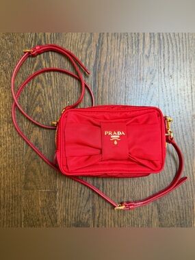 Authentic Prada Red Tessuto Nylon Bow Camera Crossbody Bag COA